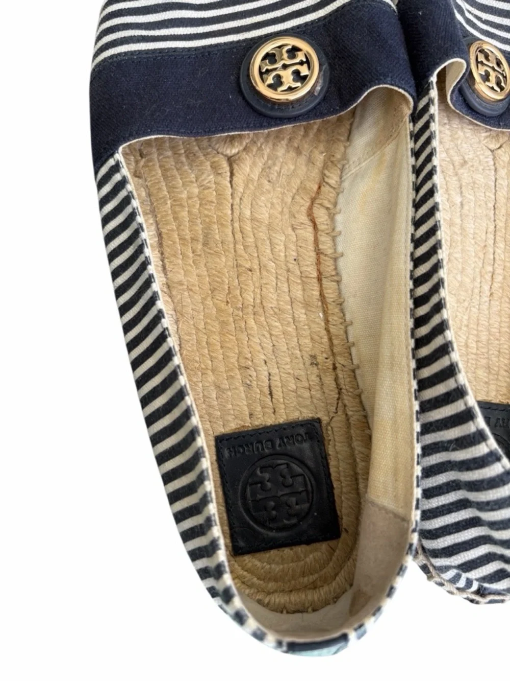 Tory Burch navy / white stripe espadrilles with gold logo